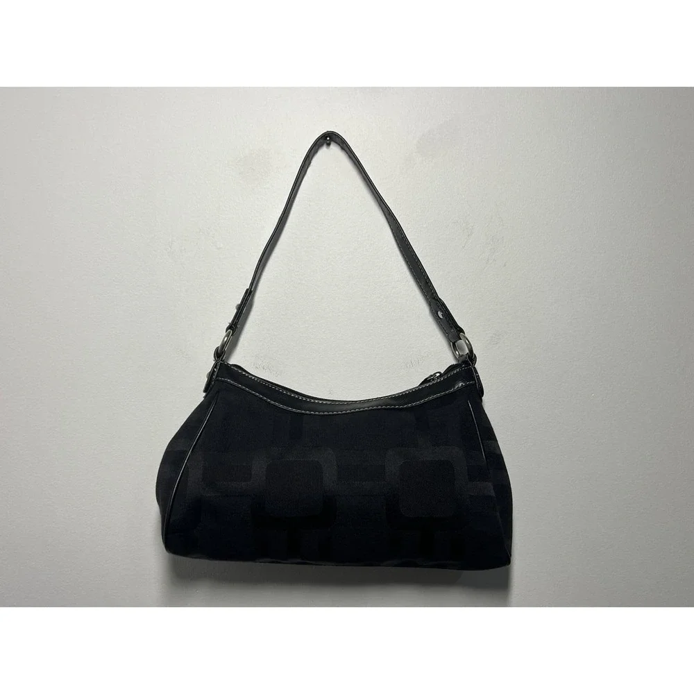 Y2K Nine West Black Canvas Shoulder Bag Purse Zip Top w/Silver Hardware 12x4x4